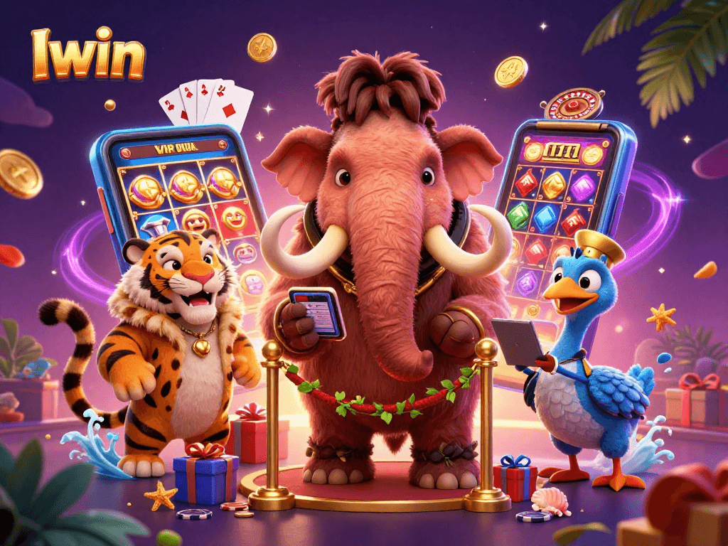 Iwin casino illustration featuring a woolly mammoth bouncer and saber-tooth tiger guest with vibrant gaming elements.