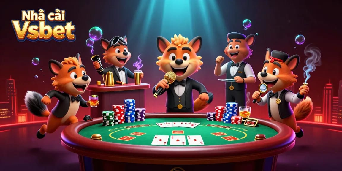 Join the fun at Nhà cái Vsbet with hyenas in a lively comedy casino, showcasing poker and vibrant atmosphere.
