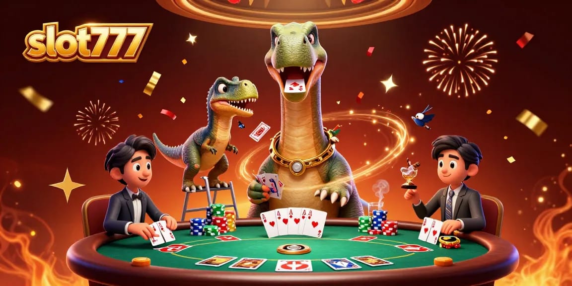 Gambarlah slot777 yang menggambarkan dinosaurus lucu dalam suasana kasino dengan poker.