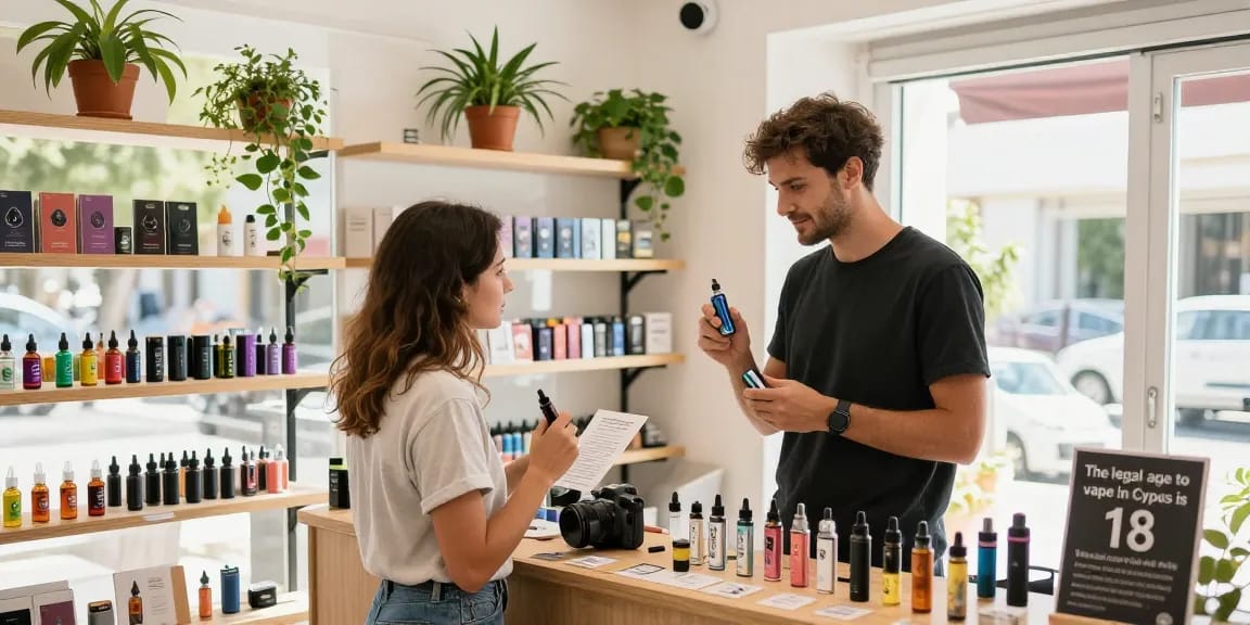 The legal age to vape in Cyprus is highlighted in a welcoming vape shop scene featuring a customer learning about premium CBD vape products with staff assistance.