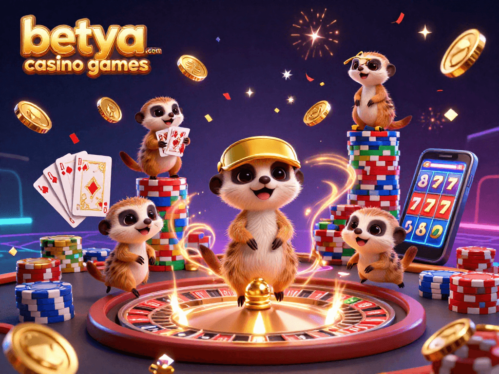 Immerse in the excitement of betya.com casino games with meerkats managing casino operations amidst golden coins and a roulette wheel.