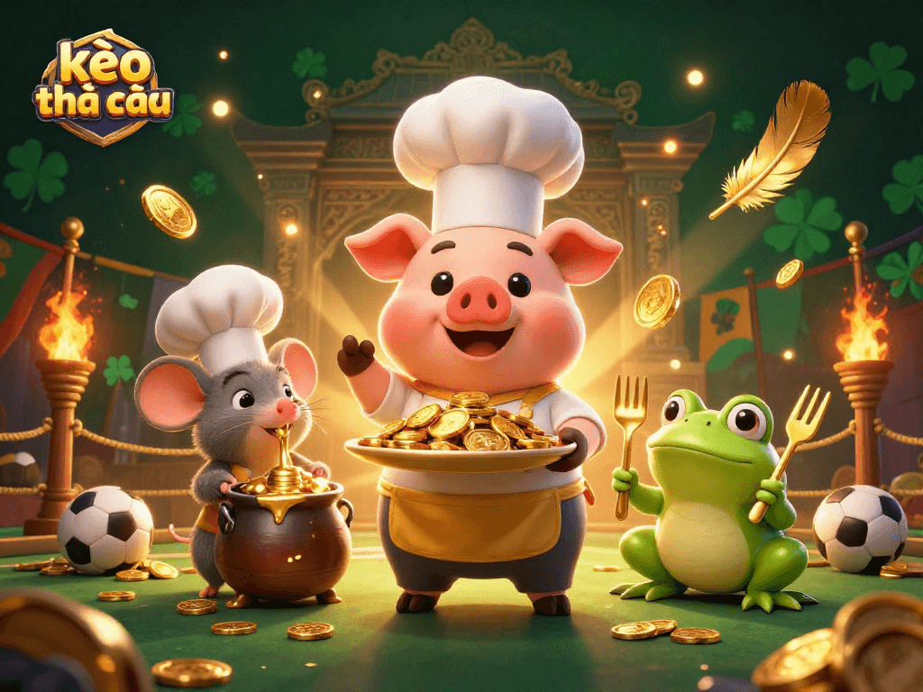 Engage with kèo nhà cái as the chef pig serves golden coins amidst a vibrant sports betting scene.