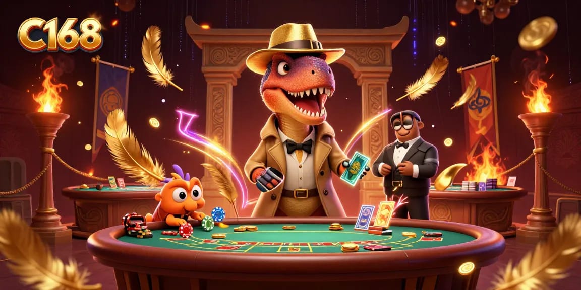 C168 velociraptor card counter trying to blend in at a blackjack table while a stegosaurus pit boss observes