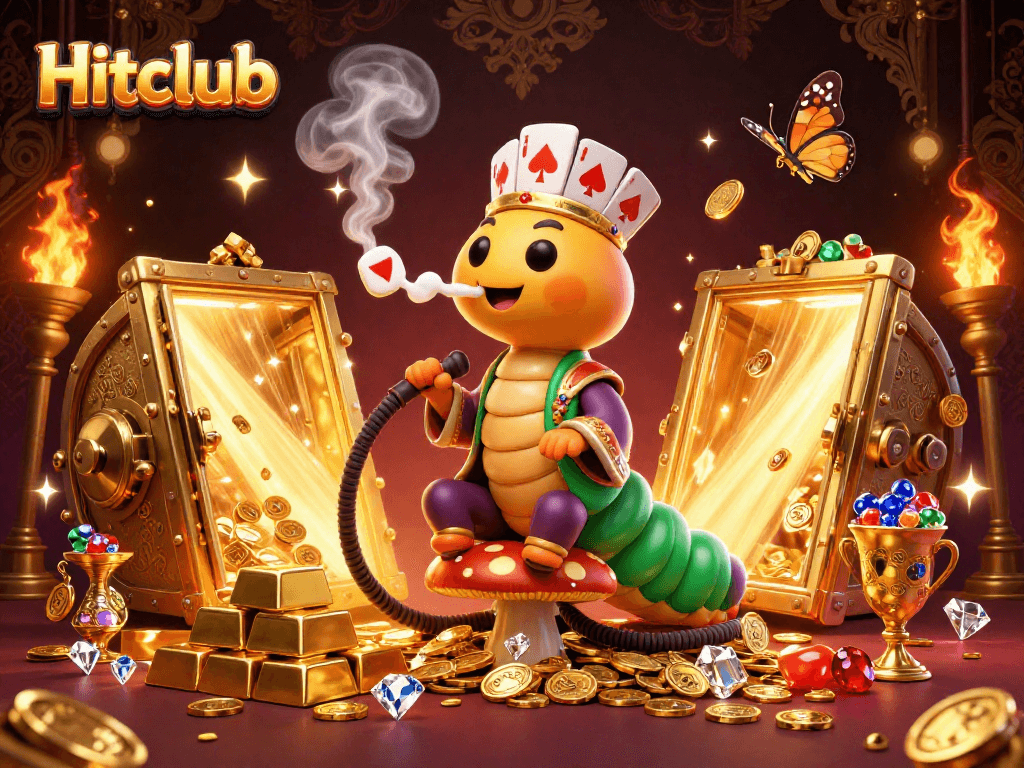 Hitclub celebrates fortune with a 3D caterpillar master amidst treasure and poker symbols.