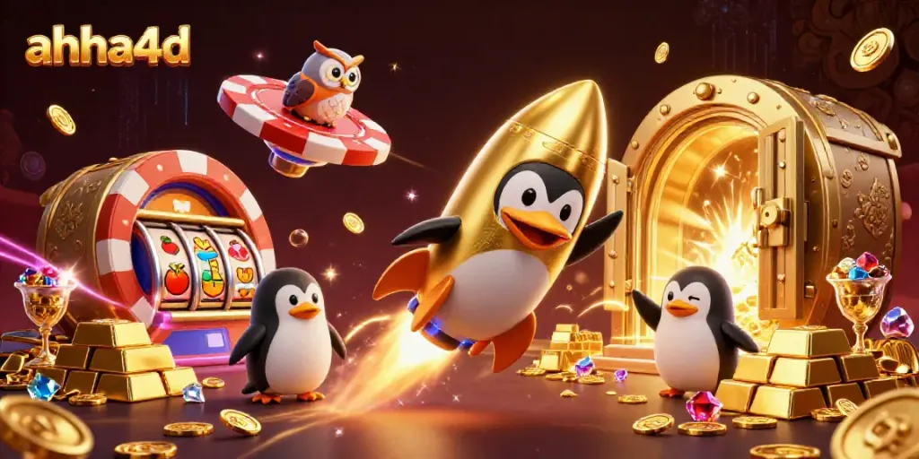 Mainkan slot gacor di ahha4d dengan penguin emas dan harta karun yang bersinar.