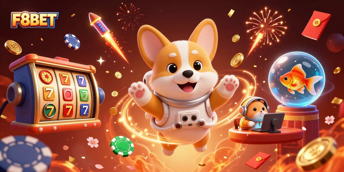 Play exciting games at F8BET while enjoying a vibrant casino atmosphere with cartoon characters floating in space.