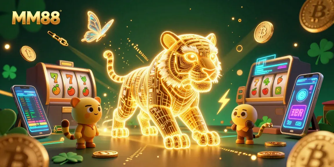 Engage in thrilling gameplay with MM88, featuring neon tiger and dynamic digital casino elements.