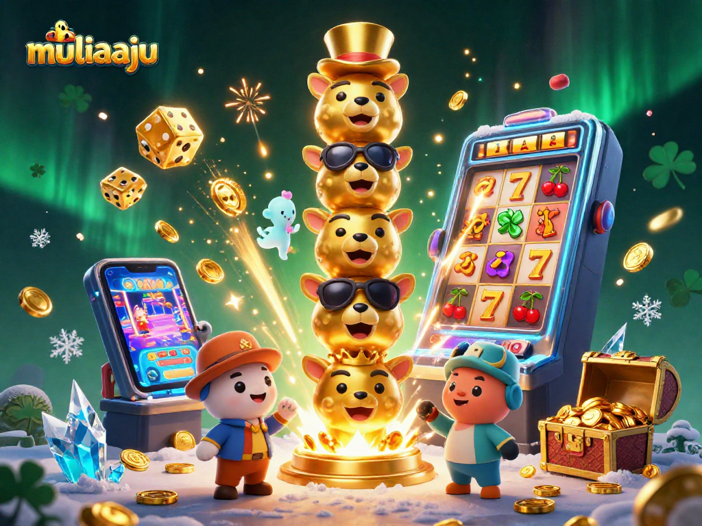 Experience thrilling jackpots with muliaaju's dynamic casino illustration featuring a golden totem and lively game elements.