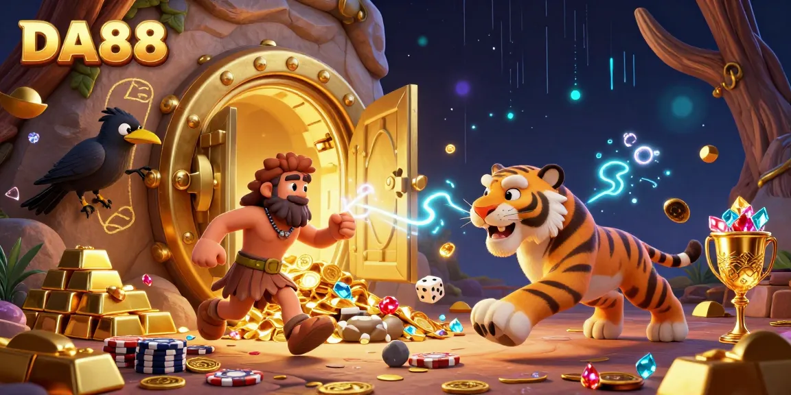 DA88 players enjoy a vibrant prehistoric casino scene with gold treasures and gaming excitement.