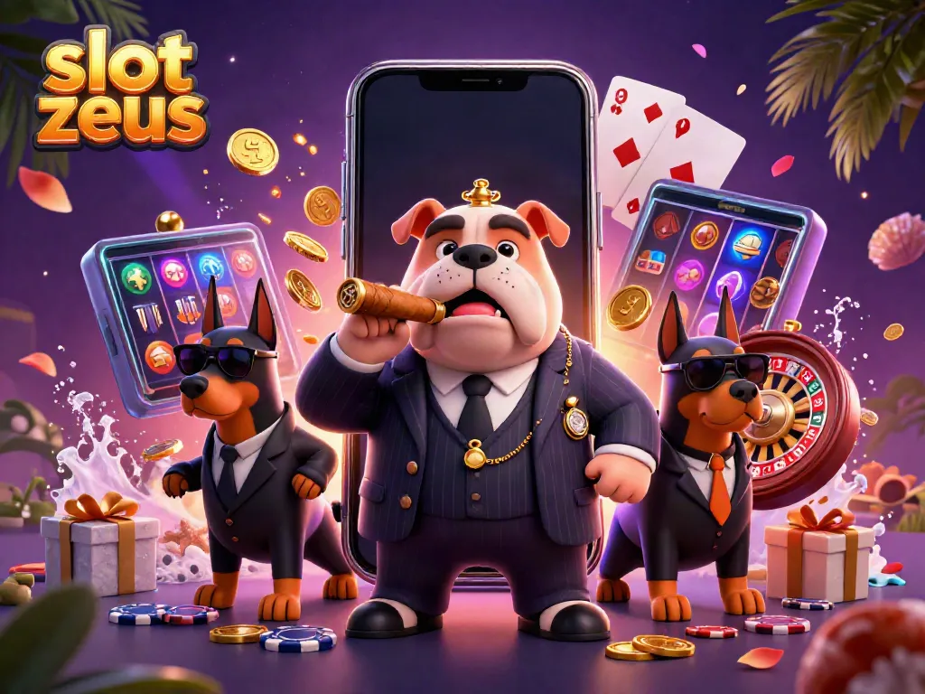 Mainan slot zeus dengan bulldog mafia dan doberman bersenjatakan slot dan chip poker, penuh semangat.