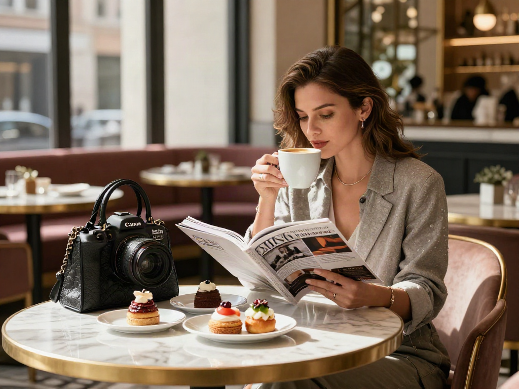 Wanita menikmati LUXURY 111 di kafe mewah dengan kopi spesial dan majalah bergaya.