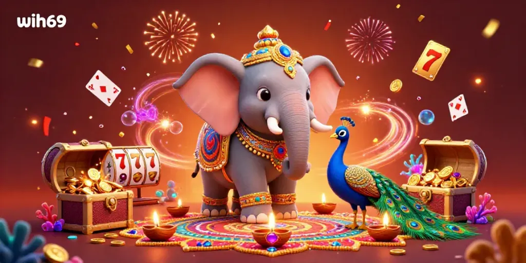 Mainkan slot di wih69 dengan gajah bercorak warna cerah dan simbol jackpot yang melintasi latar belakang berapi.