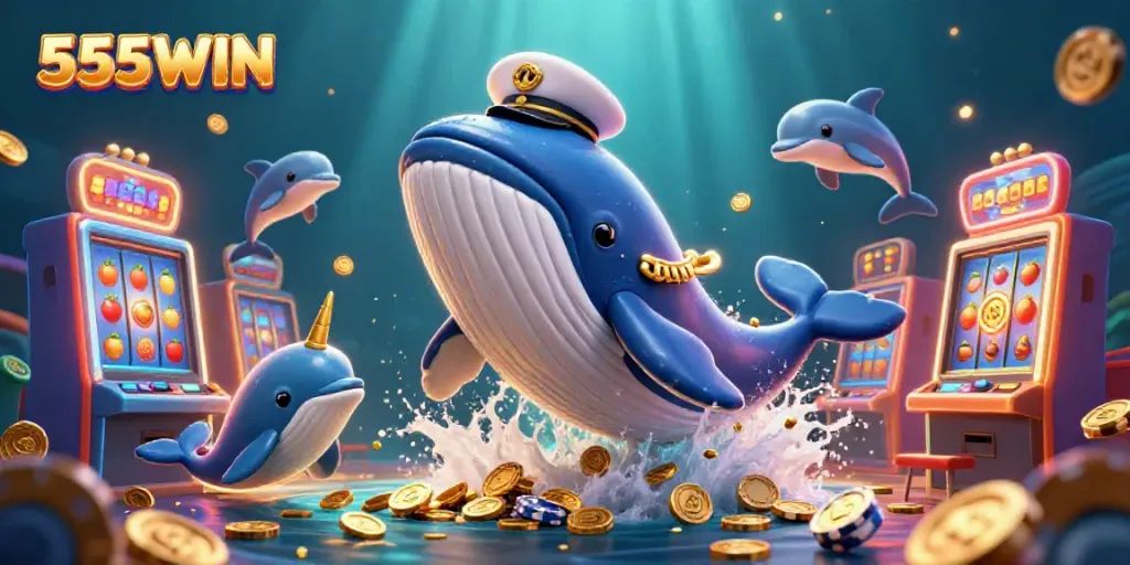 Experience the excitement of 555WIN with a vibrant underwater casino scene featuring playful dolphins and a giant whale.