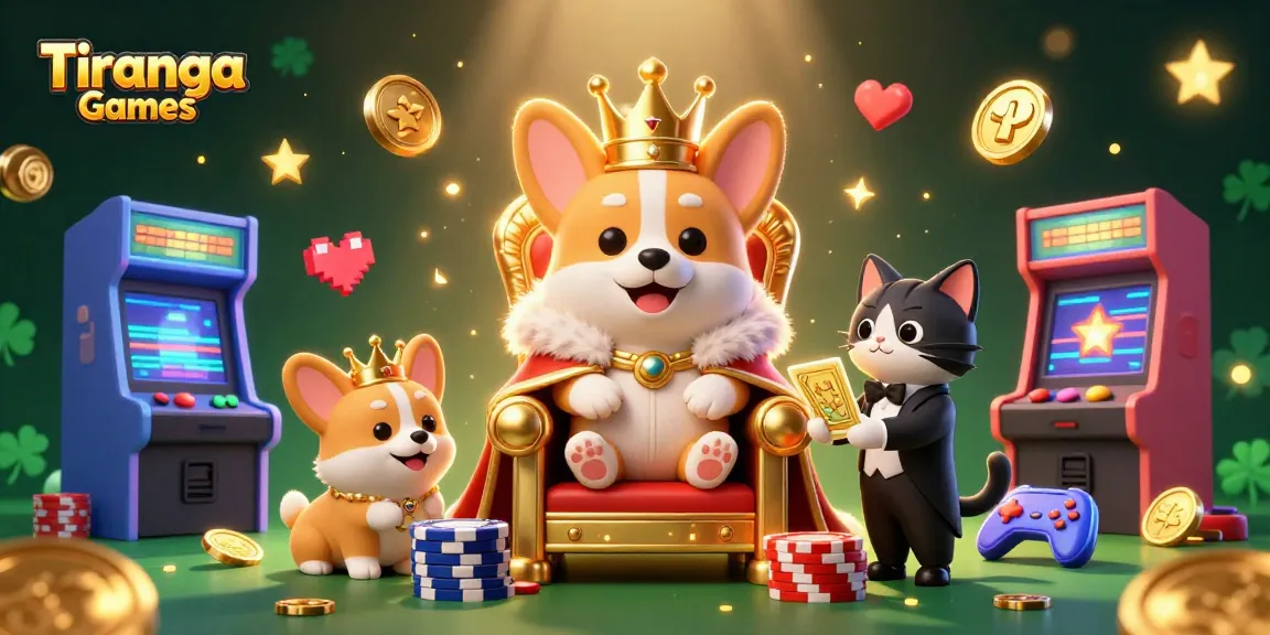 Tiranga Games offers thrilling experiences as a royal corgi plays in a packed gaming arena.