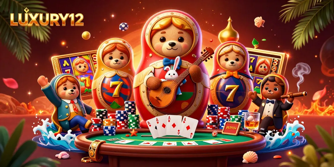 Experience the excitement of LUXURY12 through a vibrant casino scene with slot reels and painted bears.