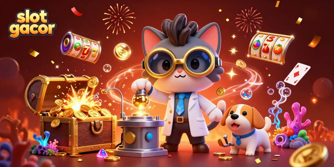 Spin for fun with slot gacor as the mad scientist cat unleashes a jackpot machine in a vibrant casino scene.