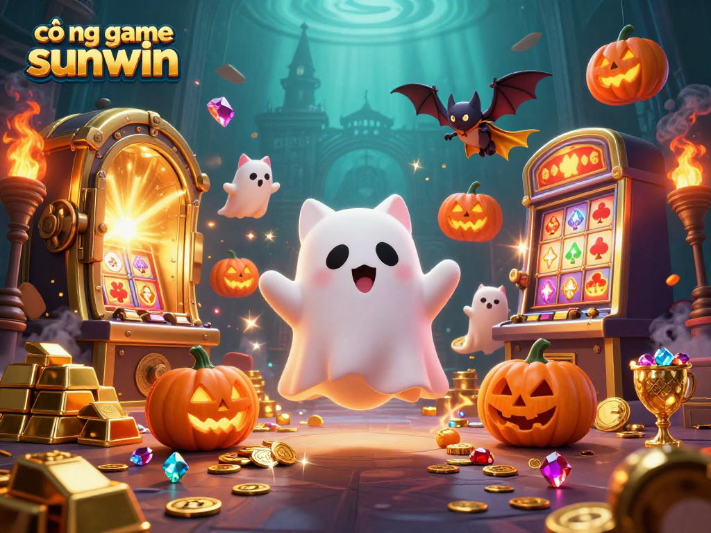 Experience the vibrant world of the cổng game sunwin with a friendly ghost cat and treasures at a haunted casino.