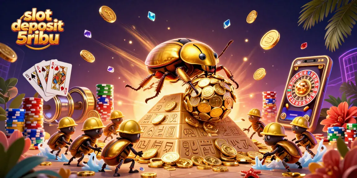 Spin the reels with slot deposit 5ribu while golden coins cascade from cartoon characters in a vibrant casino.