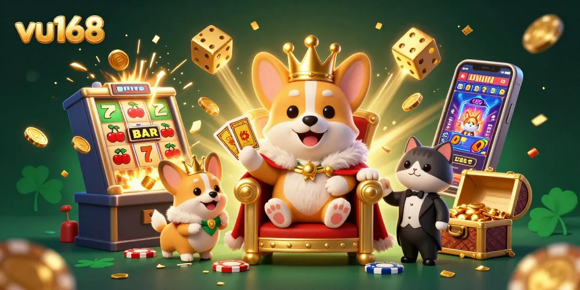 Experience the excitement of vu168's casino adventure with a vibrant 3D illustration showcasing royal characters and gaming elements.