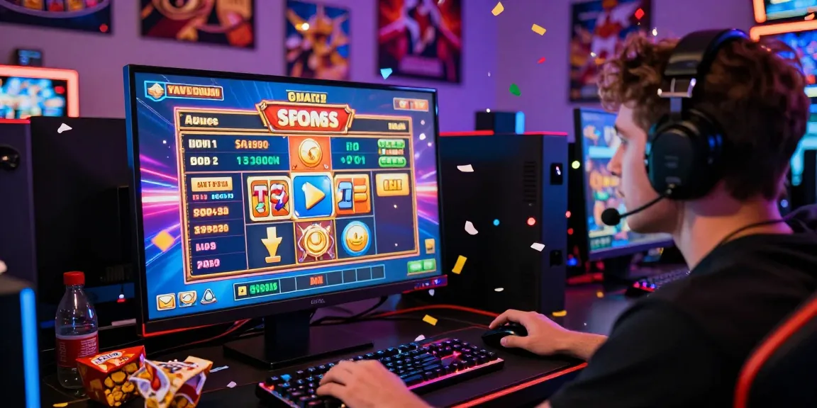 Menang slot jackpot di permainan online dengan suasana gaming yang meriah dan penuh cahaya.
