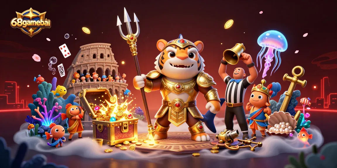 Engage in exhilarating gameplay at 68gamebai, surrounded by vibrant underwater treasures and dynamic casino elements.
