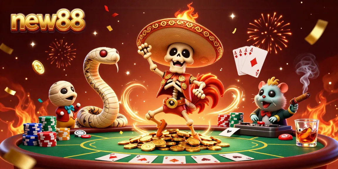 Experience the excitement of new88 with a captivating casino-themed illustration featuring lively characters and poker elements.