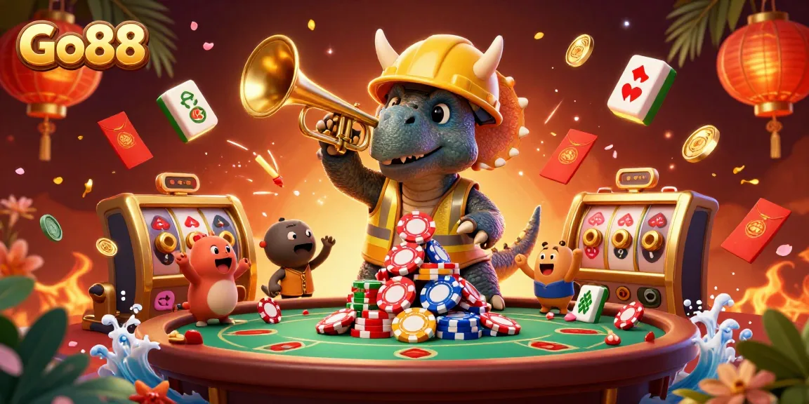 Go88 showcases a lively casino scene with triceratops building poker chips, celebrating gaming excitement.