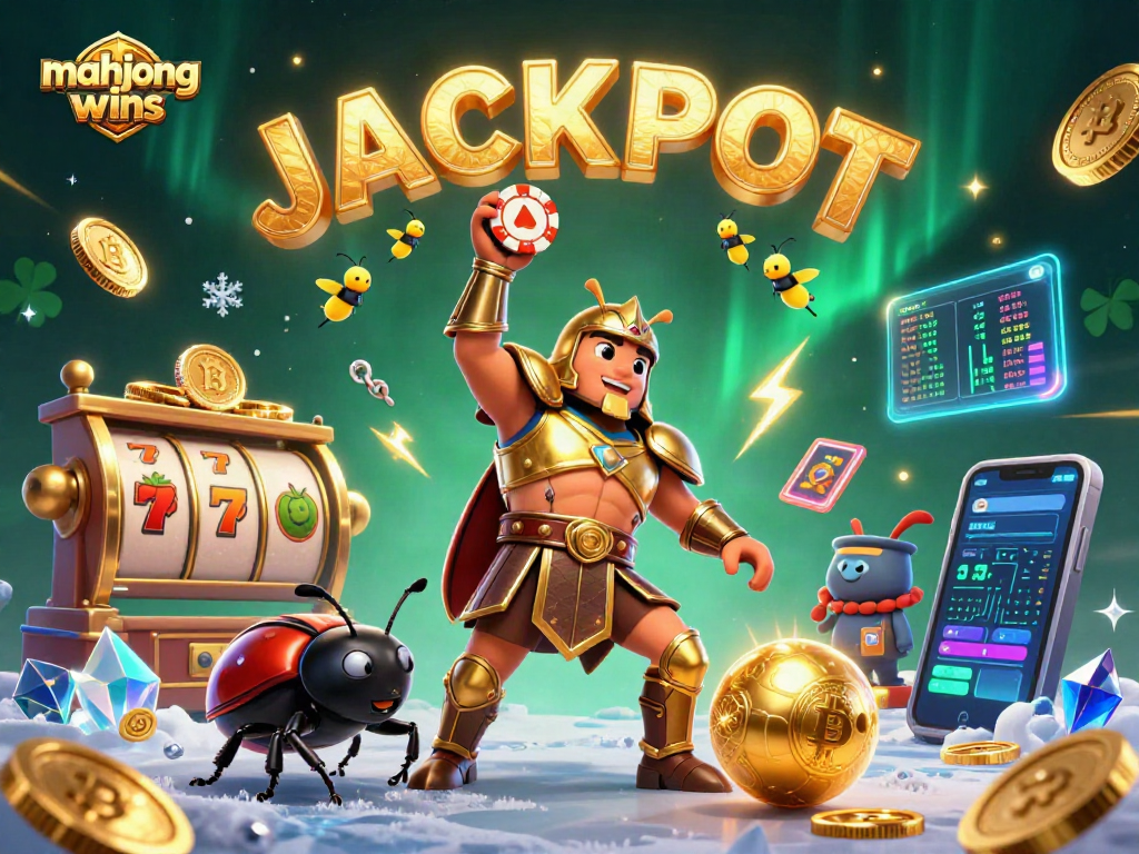 Experience mahjong wins with a victorious beetle, jackpot display, and vibrant casino scene.