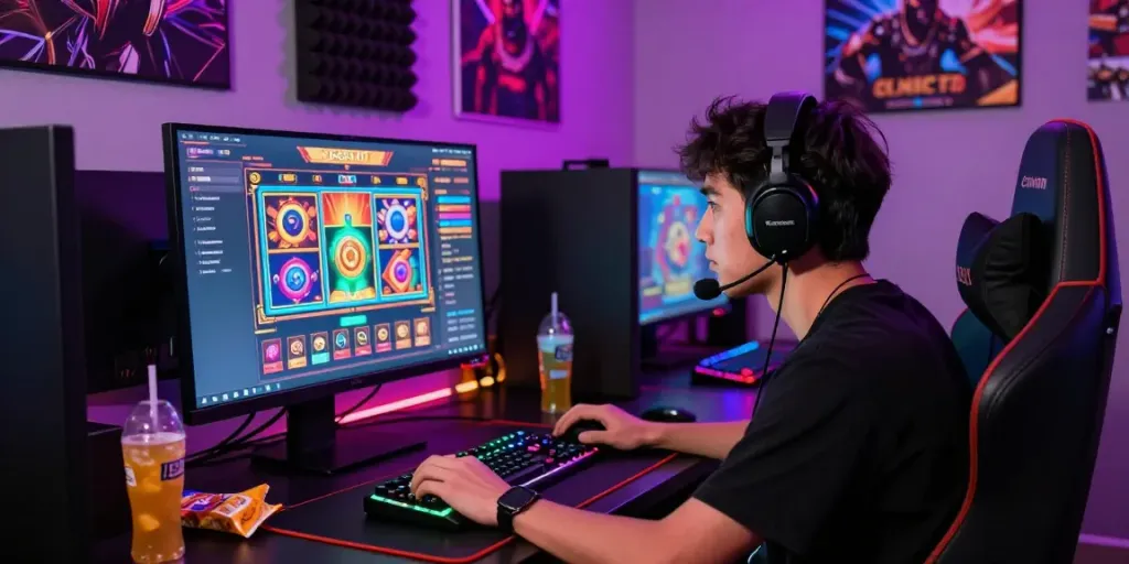 Exciting online gaming setup with a player engaged in slot resmi gameplay, showcasing dynamic equipment and vibrant atmosphere.