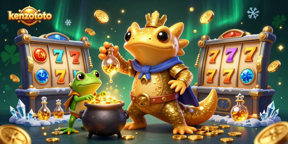 Kenzototo showcases exciting casino gameplay, featuring golden alchemist, frog assistant, and dynamic slot elements.