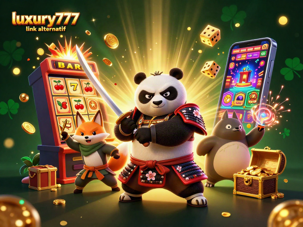 Menghentikan jackpot dengan luxury777 link alternatif, panda samurai menyiapkan katana di dunia permainan kasino yang megah.