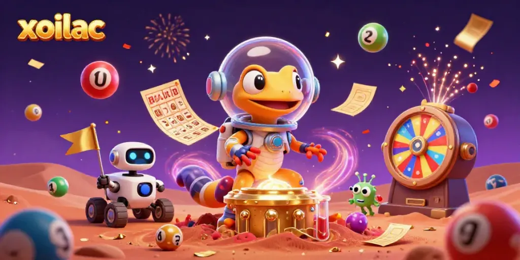 Xoilac's Martian gecko celebrates a jackpot in a vibrant casino landscape
