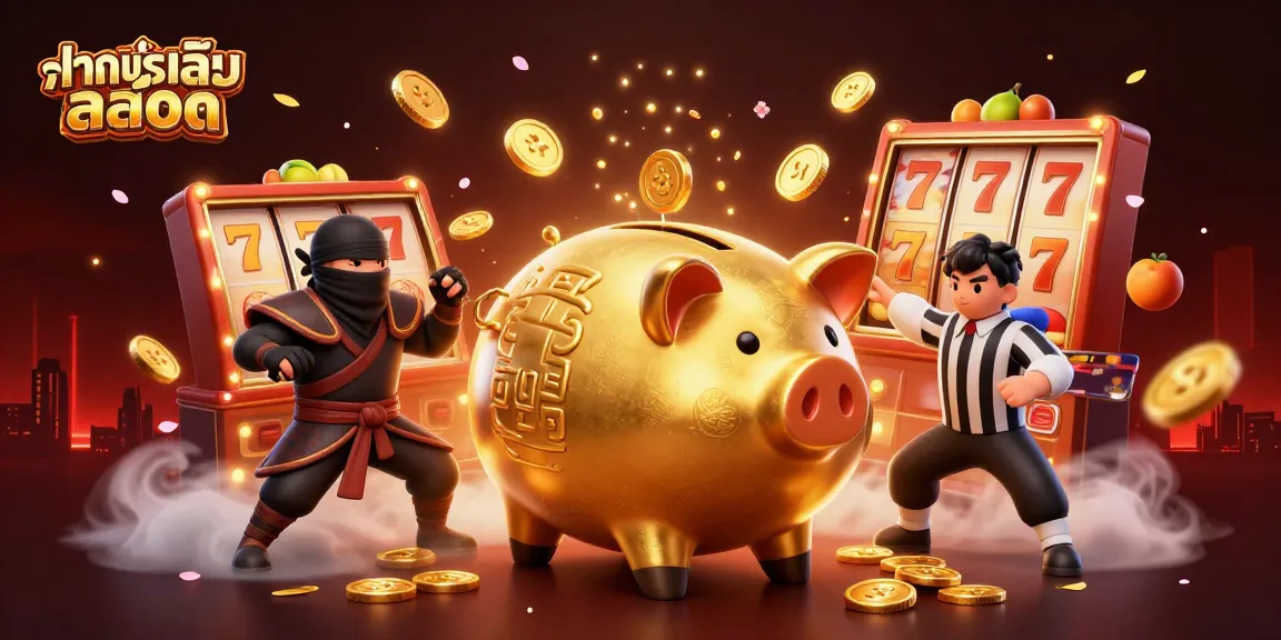 Spin the slots with ทดลองเล่นสล็อต featuring a golden piggy bank wrestler, wallet-ninja, and credit-card referee.