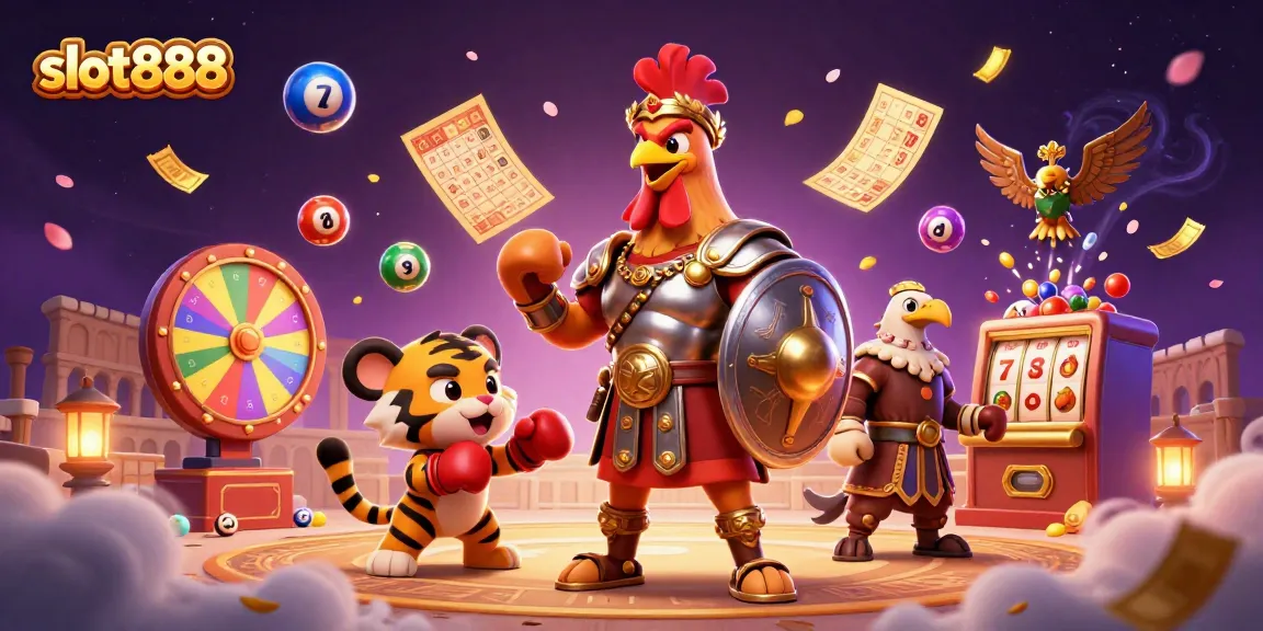 Engage in thrilling gameplay with slot888 as colorful lottery balls surround a gladiator rooster!