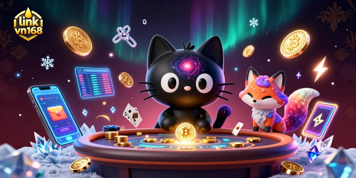 Engage with thrilling games at link vn168, featuring a cosmic cat and fox in a vibrant casino scene.