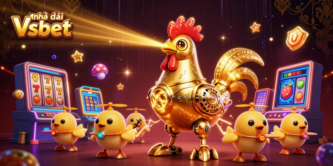Experience thrilling gameplay with Nhà cái Vsbet's golden rooster robot and vibrant slot themes.