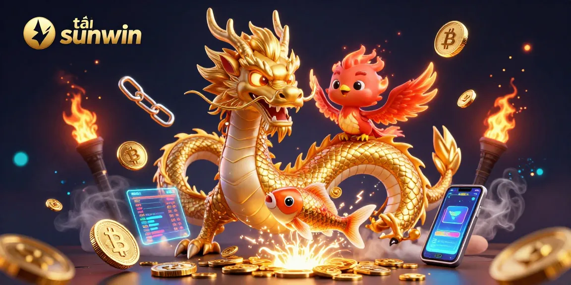 Engage with tải sunwin while enjoying a vibrant scene featuring a Chinese dragon, phoenix, and koi fish amidst glowing crypto elements.