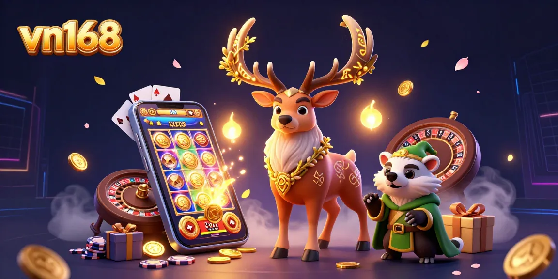 Experience vibrant gaming excitement with VN168's dynamic casino illustration featuring slots and mystical elements.