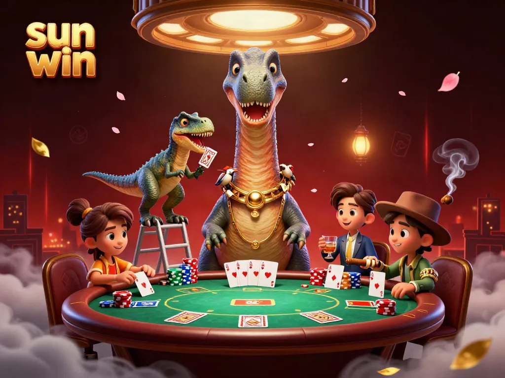 Experience the thrill of sun win with a brontosaurus overseeing a vibrant poker scene.