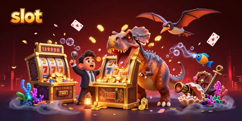 Slot machine jackpot scene with dinosaur characters collecting coins, vibrant casino elements