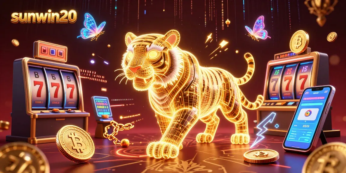Win big with sunwin20 in this vibrant digital casino scene featuring a golden tiger and slot elements.