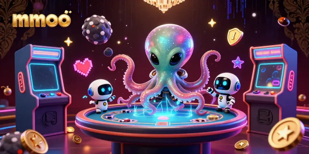 Experience mmoo's vibrant casino gaming atmosphere with a colorful, dynamic scene featuring an alien octopus and robot.