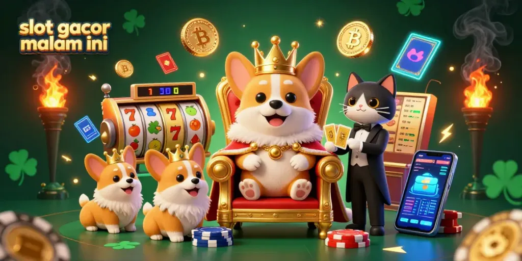 Menghadirkan slot gacor malam ini, ilustrasi 3D kartun dengan corgi kerajaan yang bermahkota emas dan badut kucing melayani, dikelilingi simbol slot menggoda.