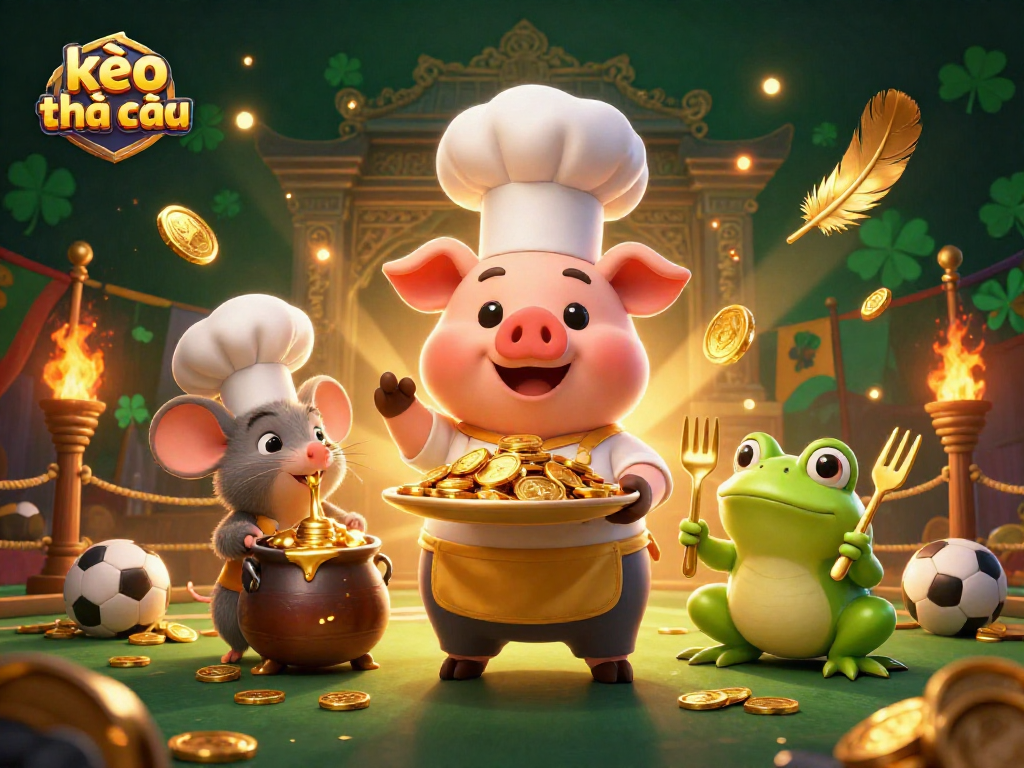 Engage with kèo nhà cái as the chef pig serves golden coins amidst a vibrant sports betting scene.