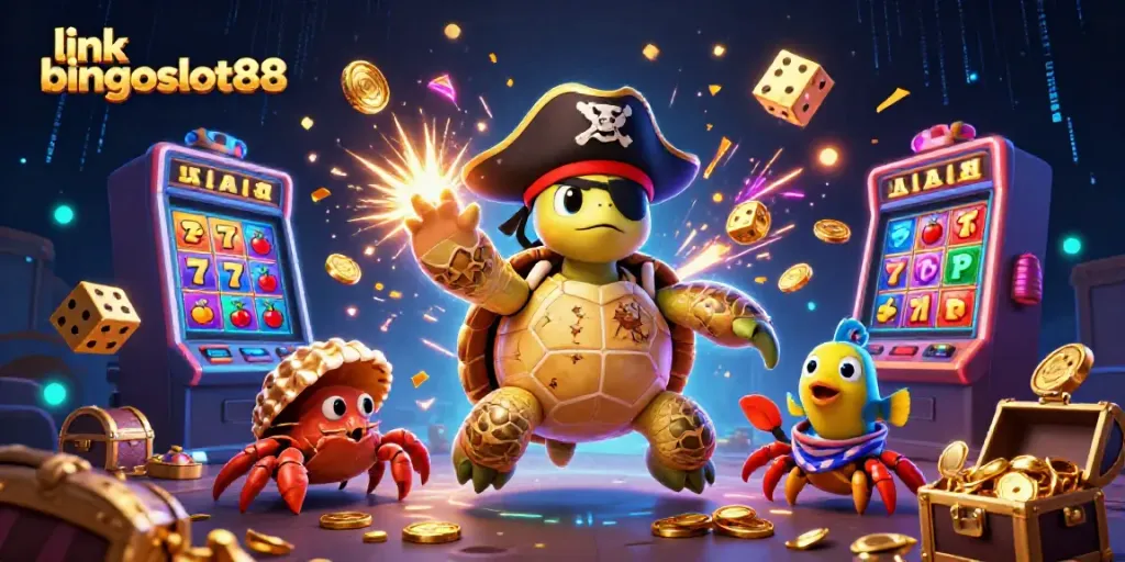 Visualisasi permainan kasino menarik di link bingoslot88 dengan karakter laut yang ceria dan mesin slot yang menyala.