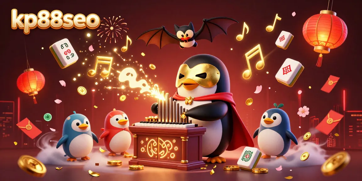 Experience thrilling gameplay at kp88seo with a vibrant 3D illustration featuring a penguin organist and festive casino elements.