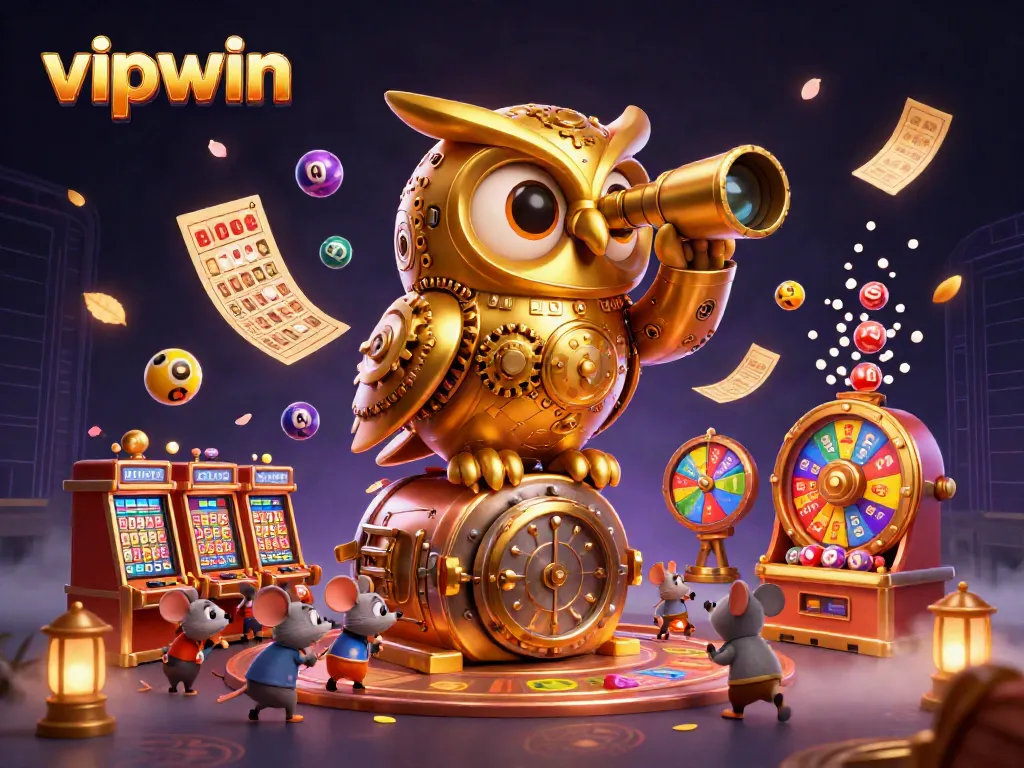 Engage in vibrant gaming at vipwin featuring a golden owl, dynamic elements, and casino excitement.