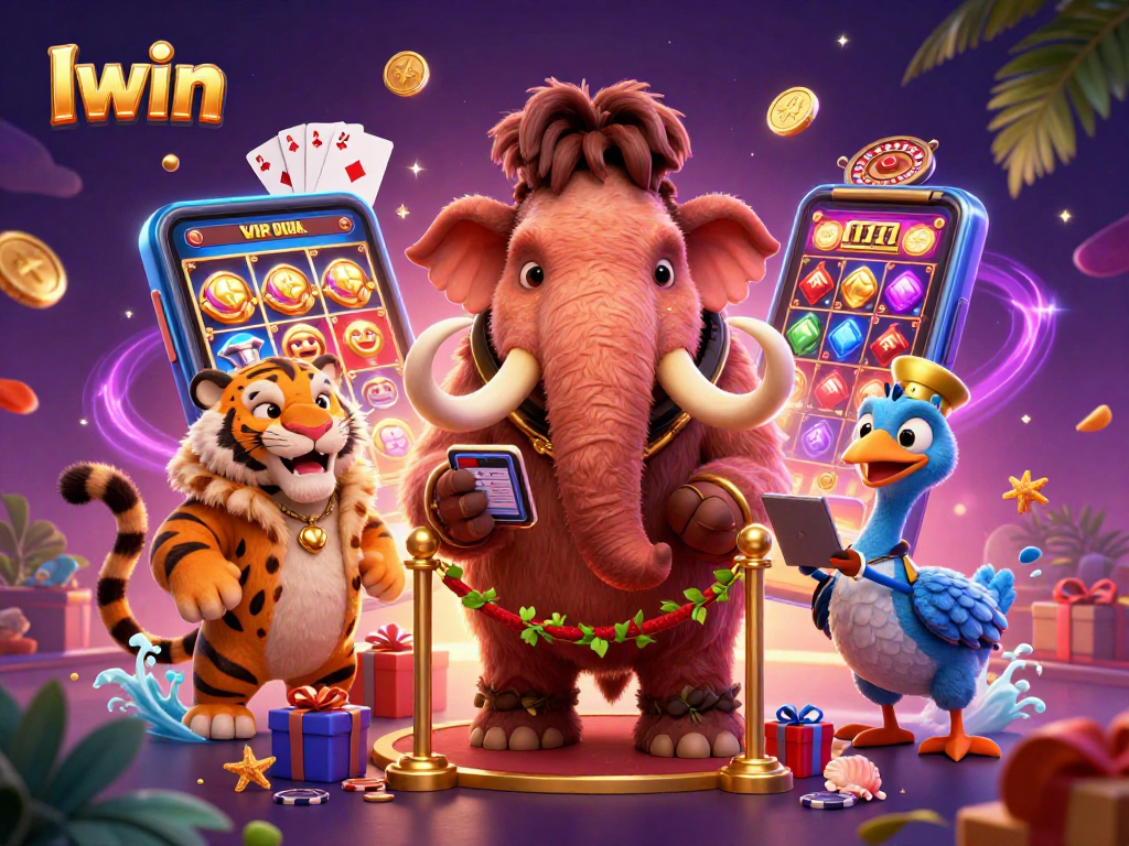 Iwin casino illustration featuring a woolly mammoth bouncer and saber-tooth tiger guest with vibrant gaming elements.