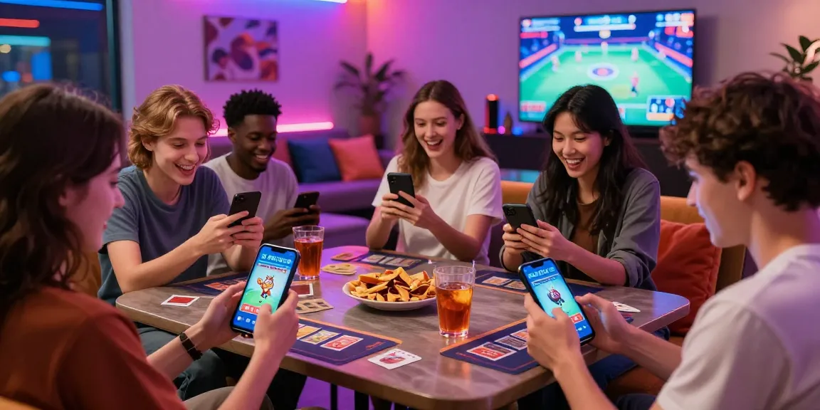 Group enjoying the best game experience on smartphones in a vibrant gaming lounge.