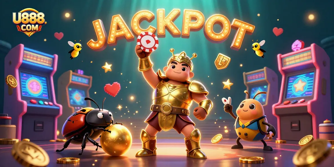 Engage with thrilling games at U888. COM with this vibrant illustration of casino elements and characters celebrating a jackpot.